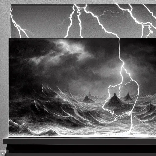 Prompt: large pepe the frog fighting lightning storm above a stormy ocean, architectural model, studio lighting, low contrast, single building, arsitektur nusantara by gustave dore, nineteenth century, black and white, vintage, science fiction, epic composition, dramatic lighting, highly detailed