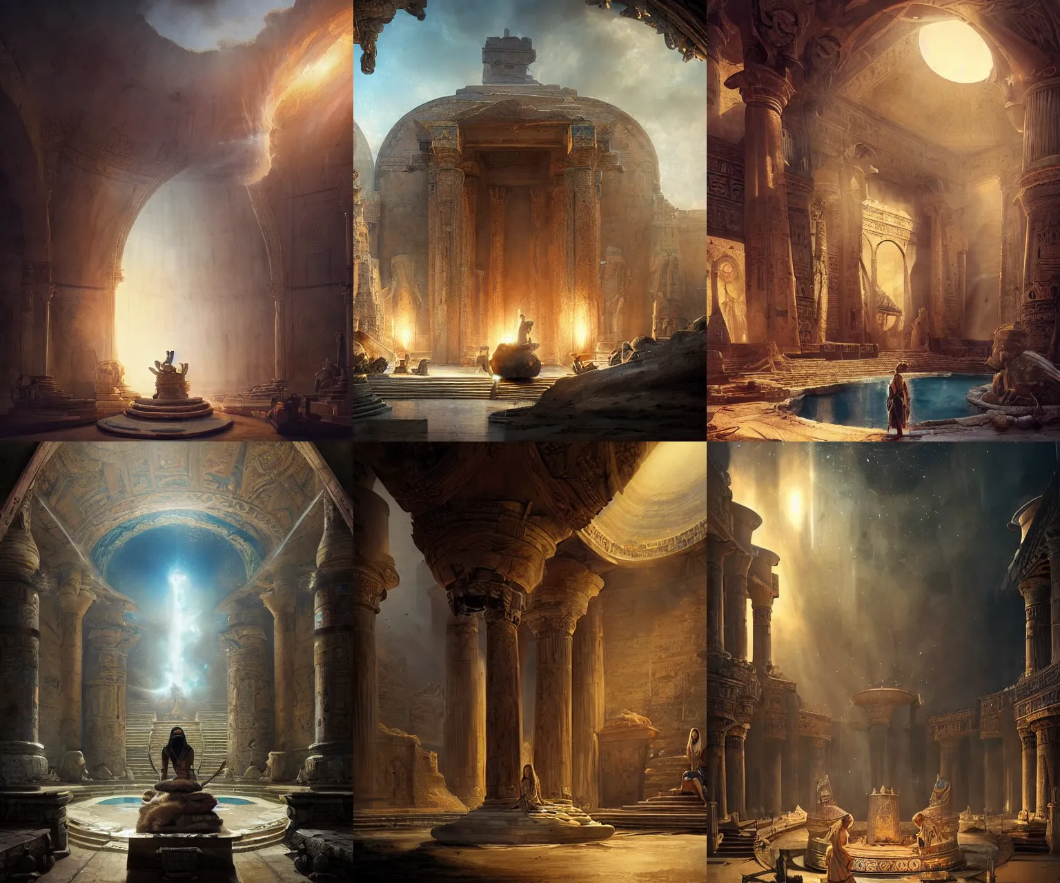 Prompt: fantasy movie scene greg rutkowski and frank frazetta and canaletto detailed digital art of ornate and royal egyptian antechamber tomb, cleopatra in a circular pool with an erupting galaxy, epic atmosphere, sharp sunray lighting, cinematic lighting, fine details, 4 k, unreal engine, hyperrealism, cinematic composition, blender render, realistic, very wide shot