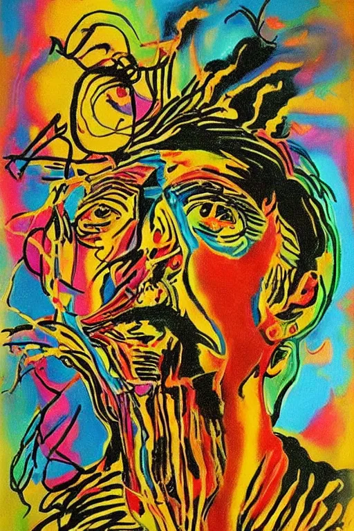 Prompt: a salvador dali artwork using fluorescent crayons