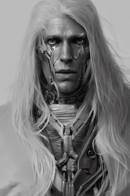 Image similar to a portrait of a toned male half human half mechanical with long white hair and with joints with visible joints by greg rutkowski, sung choi, mitchell mohrhauser, maciej kuciara, johnson ting, maxim verehin, peter konig, bloodborne, 8 k photorealistic, cinematic lighting, hd, high details, dramatic, dark atmosphere, trending on artstation