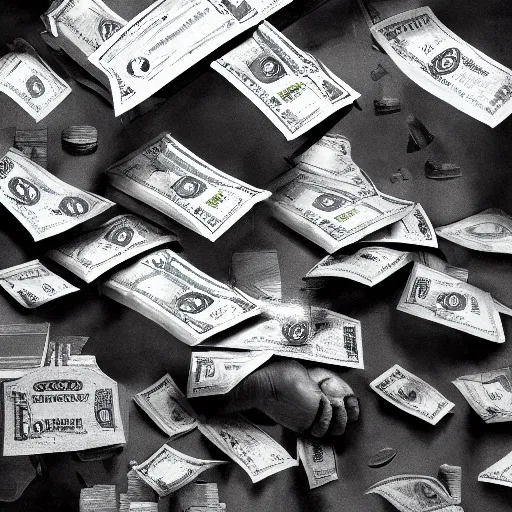 Image similar to a hand breaks a wall, and money comes out of the wall, ultra realistic, ultra detailed, concept art, trending on artstation