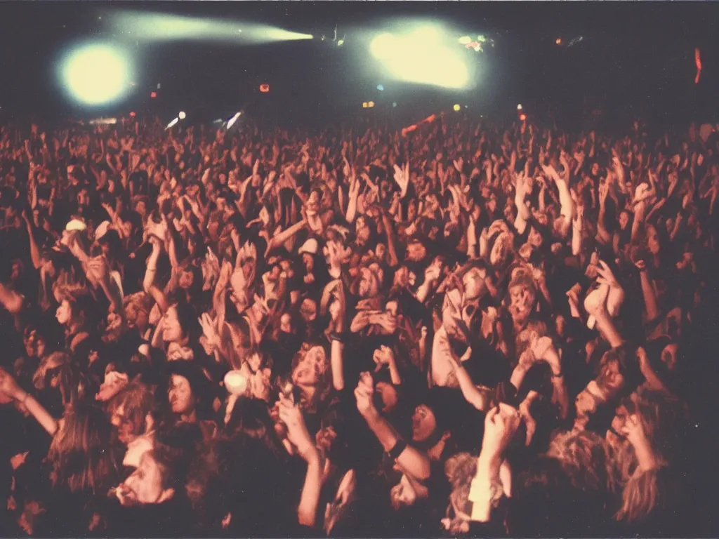 Prompt: 80s polaroid colour flash photograph of 80s rock concert