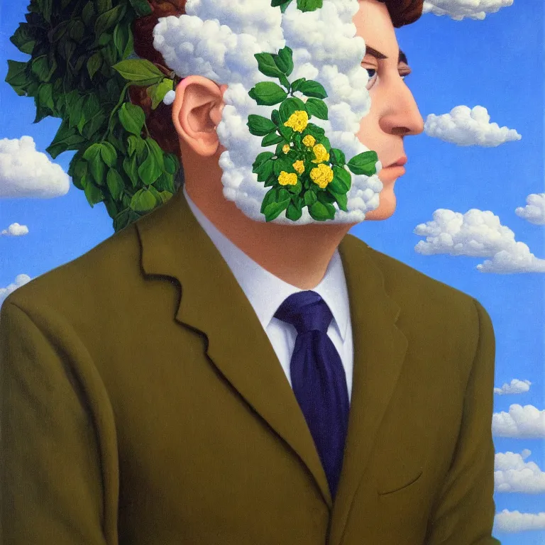 Image similar to portrait of man in a suit with flowers hiding his face by rene magritte and clouds in the background, detailed painting, hd, hq, high resolution, high detail, 4 k, 8 k