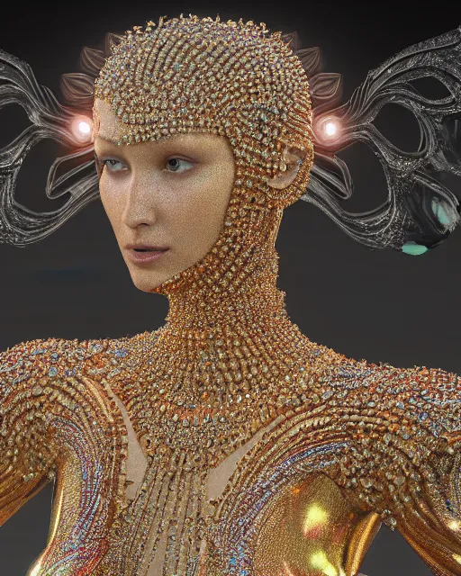 Image similar to a highly detailed metahuman 4 k close up render of an alien goddess bella hadid as goddess of love in iris van herpen dress schiaparelli in diamonds crystals swarovski and jewelry in style of alphonse mucha gustav klimt trending on artstation made in unreal engine 4