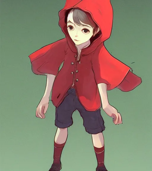 Image similar to attractive little boy character inspired in little red riding hood and venti, digital artwork made by akihiko yoshida and makoto shinkai