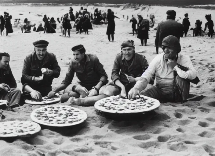 Image similar to vintage photo of a pizza party on omaha beach in normandy