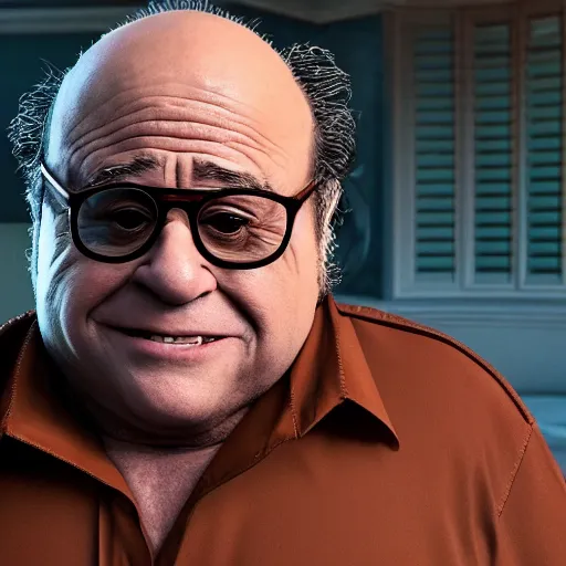 Image similar to hyperrealistic film still of danny devito as ace ventura pet detective in miami, stunning 3 d render, inspired by istvan sandorfi & greg rutkowski & unreal engine, perfect symmetry, dim volumetric cinematic lighting, 8 k octane comprehensive render, extremely hyper - detailed, incredibly lifelike attributes, intricate, real flesh texture, masterpiece, artstation, stunning,