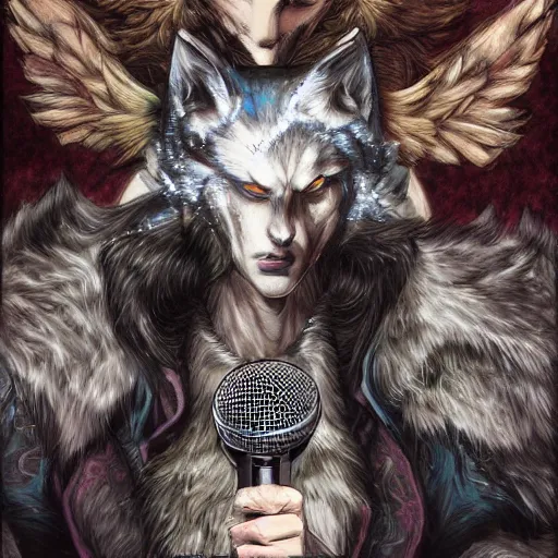 Image similar to Wolf as a rapper, holding microphone, standing on the stage, deviantart contest winner, artstation, artwork by Ayami Kojima,