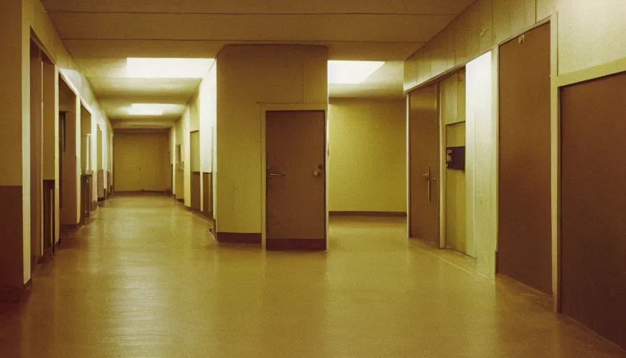 Image similar to 60s movie still of a sovietic stalinist style empty hospital corridor with light yellow tiles floor, cinestill 800t 50mm eastmancolor, liminal Space style, heavy grain-s 150