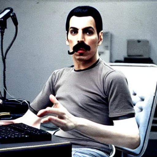 Prompt: Freddie Mercury at a cyber café