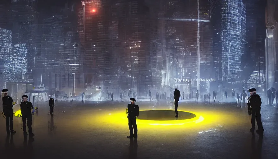 Image similar to policemen protect a huge spiral - shaped luminous object right in the center of the city from protesting people, night, rain and light fog, professional lighting, concept art in 3 d, high detail, professional lighting