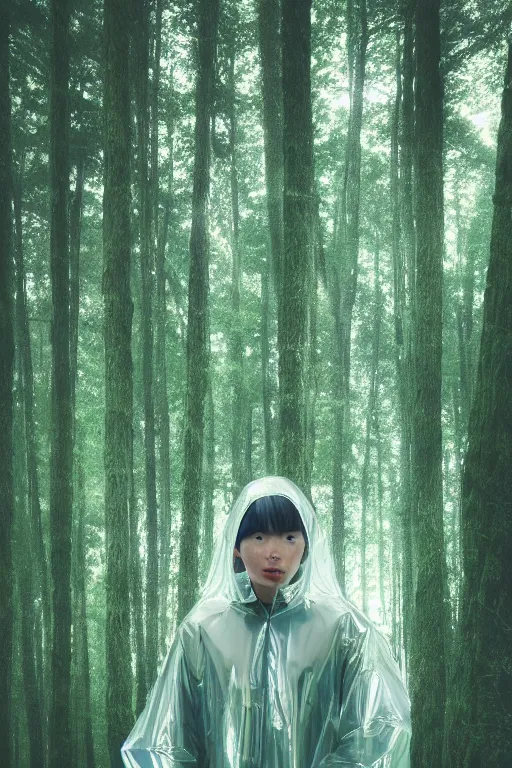 Prompt: Cinestill 50d, 8K, highly detailed, studio ghibli mononoke style 3/4 extreme closeup portrait, eye contact, focus on clear transparent raincoat model, tilt shift zaha hadid style forest background: famous movie remake, forest scene