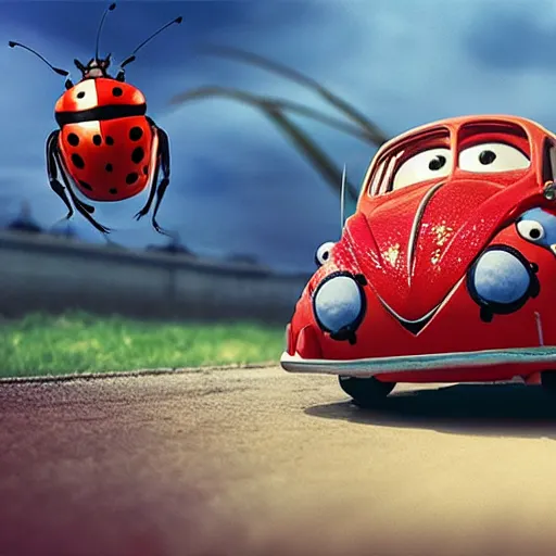 Image similar to a hybrid giant lady bug is merged with'herbie the love bug'car, digital art, phtorealistic, imax, 7 0 mm, movie still