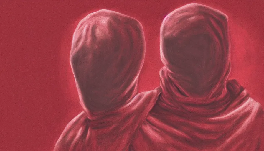 Prompt: portrait digital drawing of invisible man wrapped in red velvet sheet. surrounded by darkness