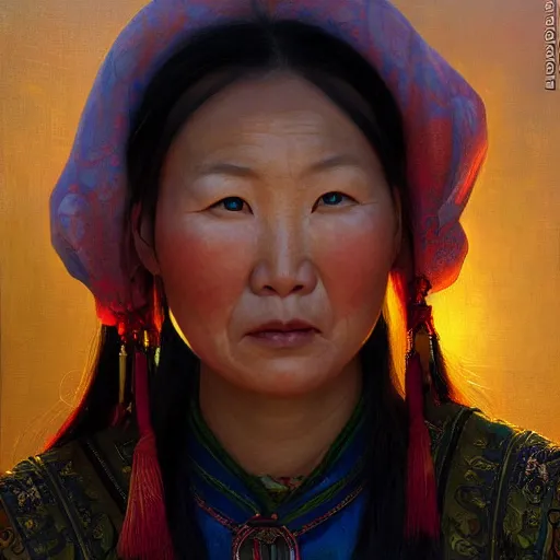 Prompt: portrait of an mongolian woman ( 3 5 ) from mongolia in 2 0 2 1, an oil painting by ross tran and thomas kincade