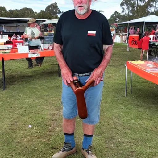 Image similar to john jarrat as mick taylor from wolf creek at a bunnings sausage sizzle, photorealistic, good lighting, award winning photograph