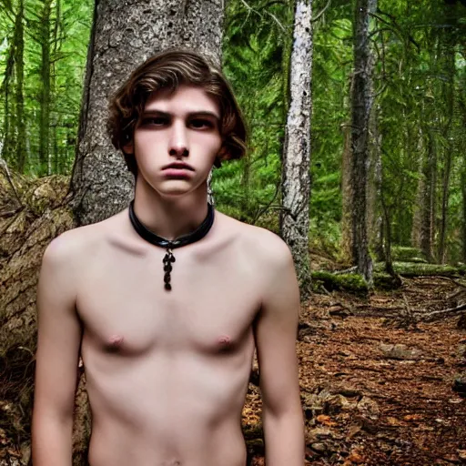 Prompt: a teenage boy, around 1 9 yo. collar necklace. natural brown hair. loincloth, pale skin. detailed face. ominous and eerie looking forest i'm background. natural colors.