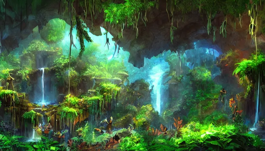 Prompt: concept art of underground jungle cave with waterfalls, luminescent plants, colorful, high detailed, ultra realistic