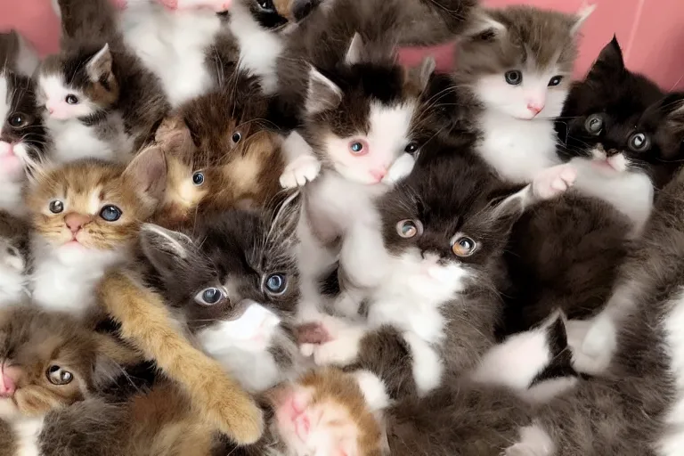 Image similar to a living room full of cute kittens that are all sitting positioned facing directly at the camera and all of the kittens are looking directly into the camera