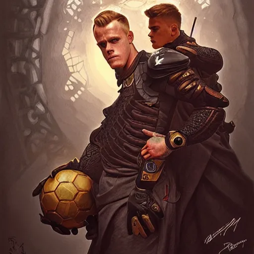 Image similar to Ter Stegen holding a bomb, goalkeeper, football pitch, D&D, fantasy, intricate, elegant, highly detailed, digital painting, artstation, concept art, matte, sharp focus, illustration, art by Artgerm and Greg Rutkowski and Alphonse Mucha