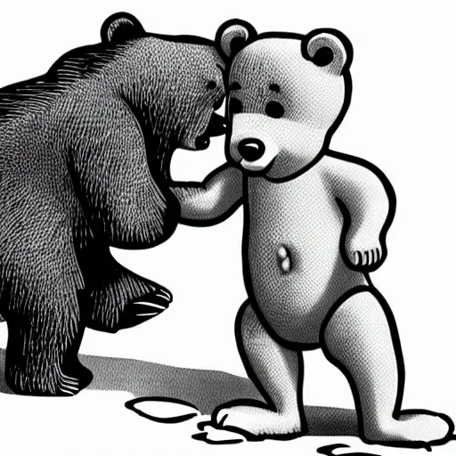 Image similar to bear playing with a baby human doll. cartoon. digital art. high quality. high fidelity