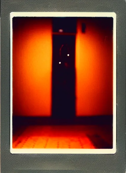 Image similar to a creepy neon silhouette hovers inside of a hall. liminal, cozy, dramatic soft color lighting ( 1 9 8 4 ). featured polaroid