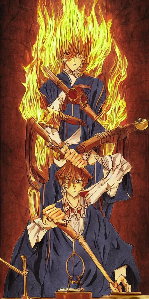 Image similar to powerful anime judge with a magic gavel on fire, in a court room with a justice scale on his desk, drawn by a famous anime artist, high quality, fine lines, amazing detail. colored, intricate ink painting detail, the justice tarot card , psychedelia