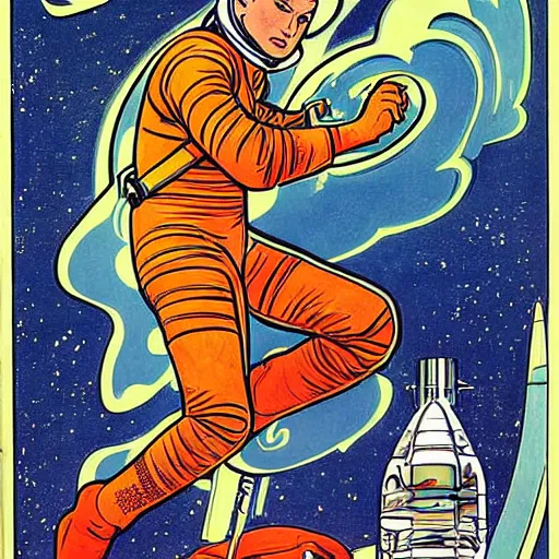 Image similar to a man with red hair, floating in space. he is an astronaut, wearing a space suit. he is fixing his space rocket. well composed, clean elegant painting, beautiful detailed face. retro comic book art by steve ditko and jack kirby and ( alphonse mucha )