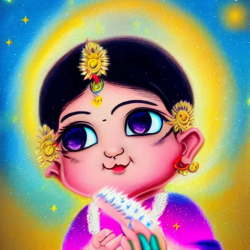 Prompt: baby krishna cute ,chibi style, foggy, clouds ,clear face , golden ratio, rule of thirds, magical effect ,artstation, galaxy