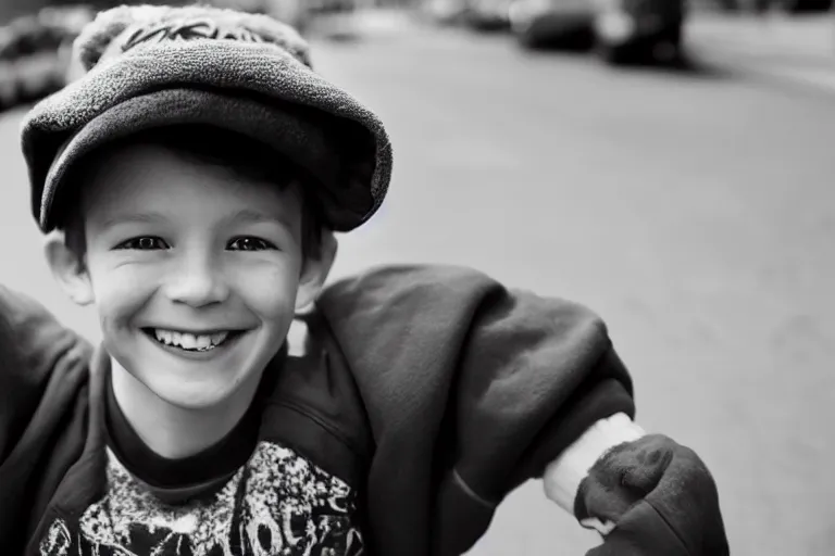 Image similar to still photo of a canadian child boy smiling at the camera on the street, black and white color aesthetic, highly detailed, photorealistic portrait, bright studio setting, studio lighting, crisp quality and light reflections, unreal engine 5 quality render