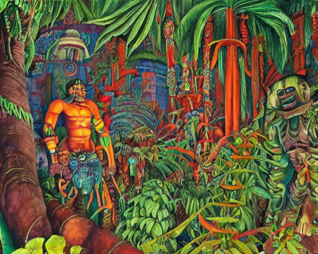 Image similar to surreal colorful nightmarish garden las pozas, mayan jaguar warrior, artwork by ralph bakshi and diego rivera