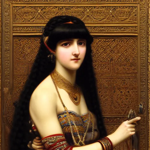 Prompt: orientalist portrait of a mesopotamian woman with thick black bangs and curls wearing an ornate dress sitting in a busy market selling carpets intricate artwork by john william waterhouse and Edwin Longsden Long and Theodore Ralli and Henryk Siemiradzki. trending on artstation, very coherent symmetrical artwork high detail 8k