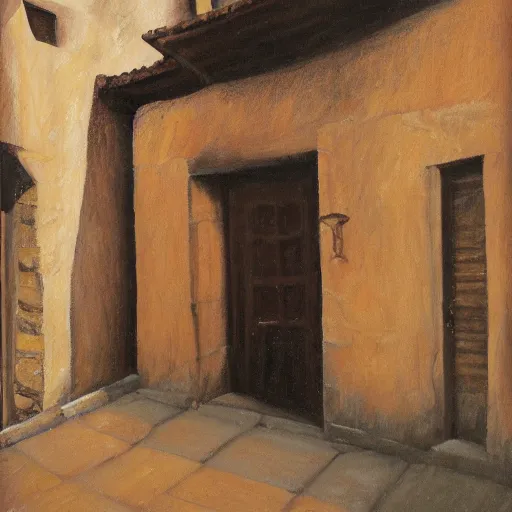 Prompt: A photograph of a Colombian woman in a peach dress, walking away from camera, down a narrow sandstone alley with rough-hewn sandstone building either side, and a varnished wooden door on the right. Ahead is a lantern, attached to the right wall. Late afternoon on a sunny day. Detailed oil painting