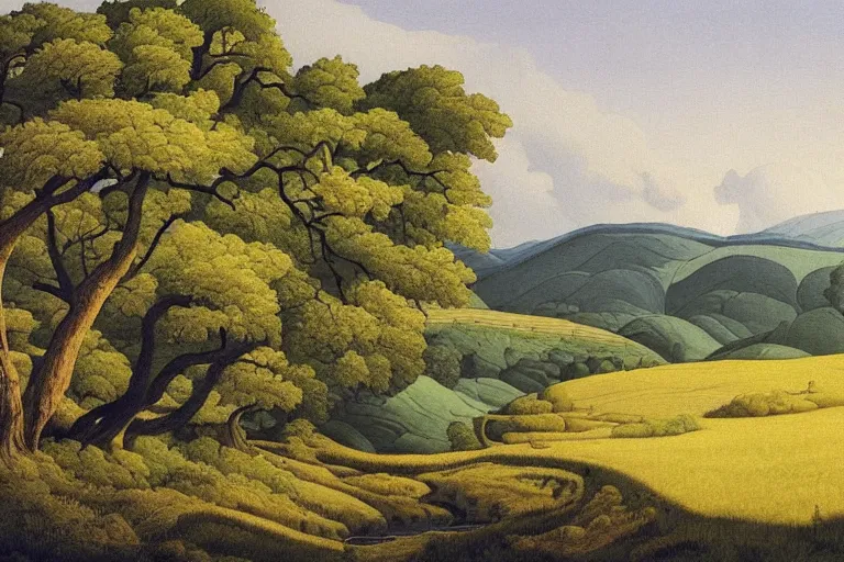 Prompt: masterpiece painting of oak trees on a hillside overlooking a creek, by a. j. casson