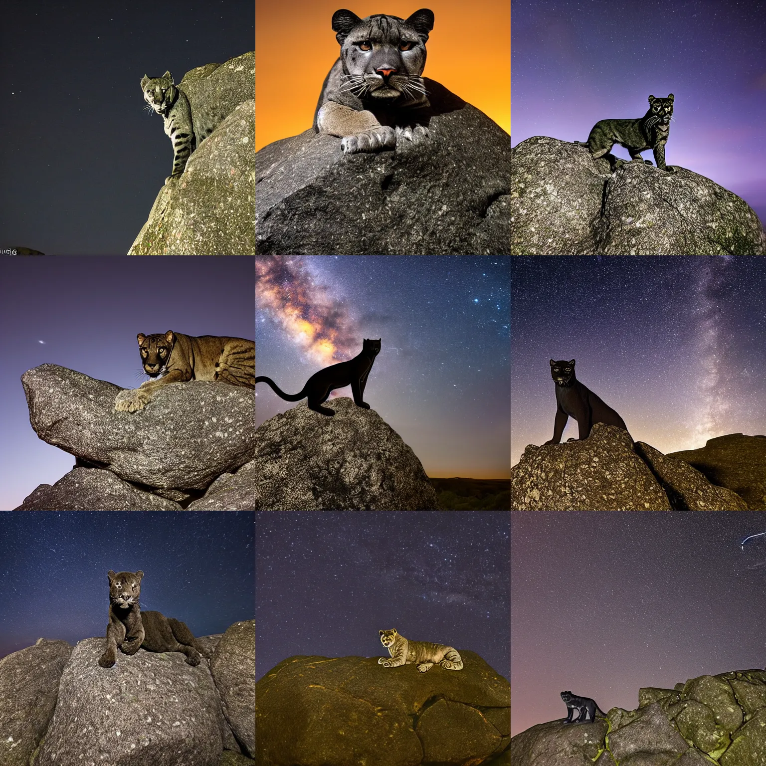 Prompt: a panther on a granite rock outcrop in dartmoor national park, at night, nighttime, 1 am