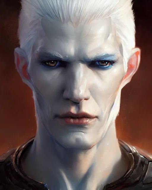 Prompt: character portrait of a slender half eldar man with white hair, piercing blue eyes, and pale bluish skin, by greg rutkowski, mark brookes, jim burns, tom bagshaw, trending on artstation