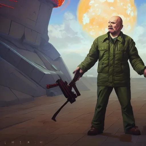 Image similar to vladimir lenin as doomguy, 4 k, hd 2 0 2 2 3 d global illumination rtx hdr style radiating a glowing aura global fanart artstation by jesper ejsing, by rhads, makoto shinkai and lois van baarle, ilya kuvshinov, rossdraws digital painting, illustration, cinematic lighting pixar and disney unreal