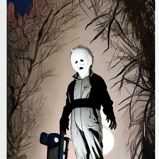 Image similar to michael myers in outside the myers house, halloween night, finely illustrated pale mask, moon light, shrubs, highly detailed, colored pencil, gainax, tankobon, in the style of ilya kuvshinov and yoshiyuki sadamoto and william - adolphe bouguereau and alphonse mucha