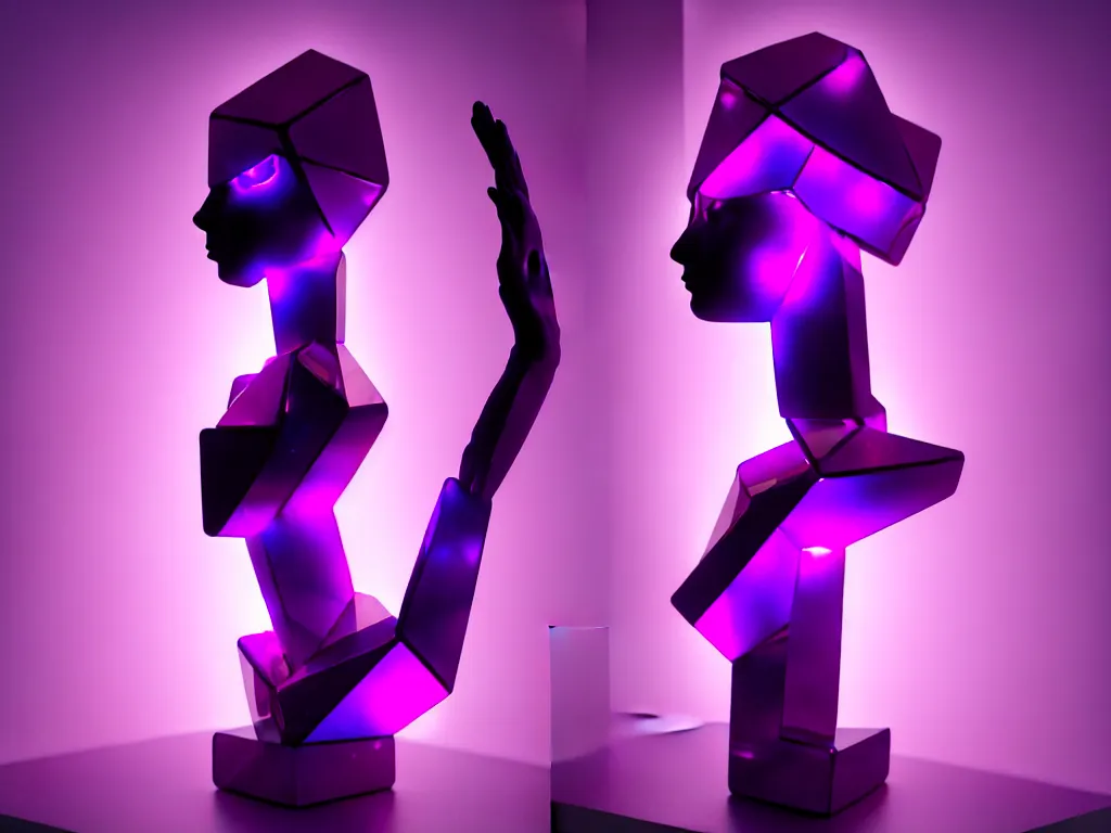 Image similar to beautiful mannequin sculpted out of amethyst by billelis + lit with purple 3 d geometric neon + chrome geometric cubed bonsai plants!!!!, doorway opening with neon pink geometric light, clean linework, dramatic, finely detailed, rule of thirds, moody, confident, award winning, 4 k, trending on artstation, photorealistic, volumetric lighting, octane render