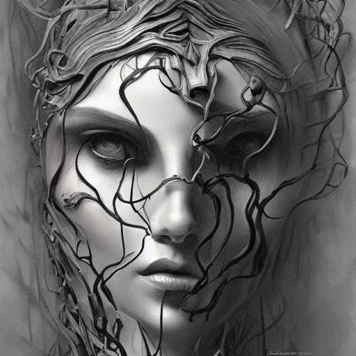 Prompt: charcoal painting of a sculpture, distorted, vines, abstract, creepy, intricate, elegant, highly detailed, ray tracing, digital painting, artstation, concept art, sharp focus, illustration, art by artgerm and greg rutkowski and alphonse mucha, 8 k
