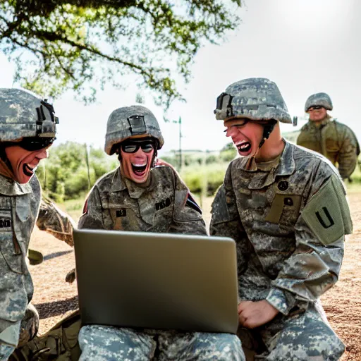 Image similar to a group of fox animals dressed in modern american military soldier uniforms, laughing at a computer, 8 5 mm f / 1. 4