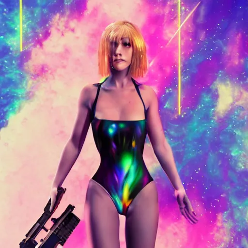 Image similar to Extreme long Shot of psychedelic Jill valentine in mysterious chromatic astral temple standing in swimsuit with glock17 , beautiful, dmt, trending on artstation, omnious, soft, hypermaximalistic, high details, cinematic, 8k resolution, artwork by Wong, Liam