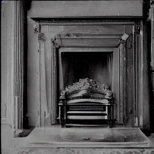 Image similar to grainy 1800s photo of an ornate fireplace that is generating atomic energy