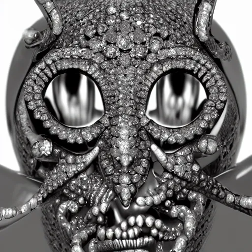 Image similar to alien face chain covered in diamonds, closeup, 8k, realistic, extreme details, detailed, sharp