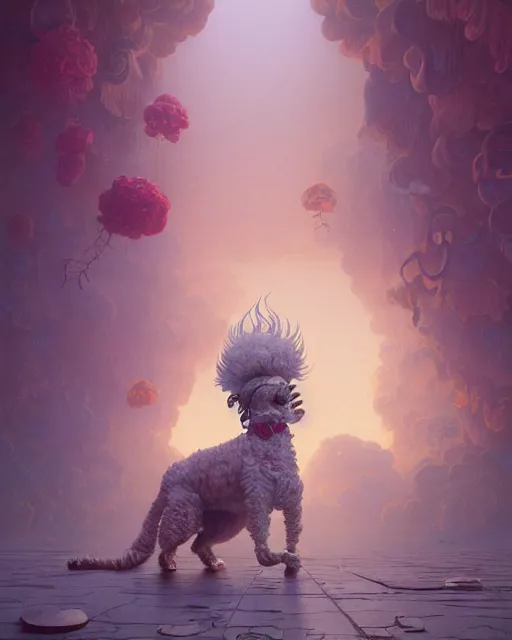 Image similar to highly detailed surreal vfx portrait of a rococopunk poodle, stephen bliss, unreal engine, greg rutkowski, loish, rhads, beeple, makoto shinkai and lois van baarle, ilya kuvshinov, rossdraws, tom bagshaw, alphonse mucha, global illumination, detailed and intricate environment