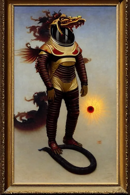 Image similar to portrait of a astronaut is a chinese dragon in armor and helmet, majestic, solemn, by bouguereau