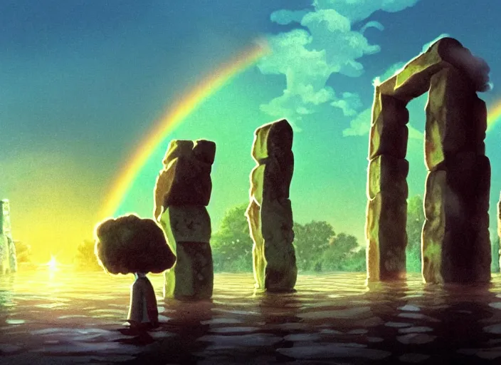 Prompt: a realistic cell - shaded studio ghibli concept art from paprika ( 2 0 0 6 ) of a rainbow - colored cube from close encounters of the third kind ( 1 9 7 7 ) and a grey long - haired witch sitting on top of a pillar in a flooded stonehenge on a misty starry night. very dull colors, wide shot, hd, 4 k, hq