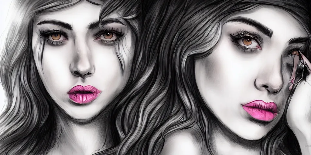 Image similar to a drawing of a girl in a club really detailed in Kyliedeamore style, no nose big lips and big eyelashes digital drawing, HD, beautiful, cinematic, 8k,facial accuracy, symmetrical