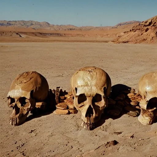 Prompt: Paleontologists finding a gigantic skull in the desert