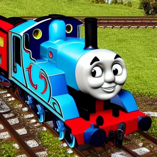 Image similar to hyper detailed photo realistic thomas the tank engine with a white face going fast